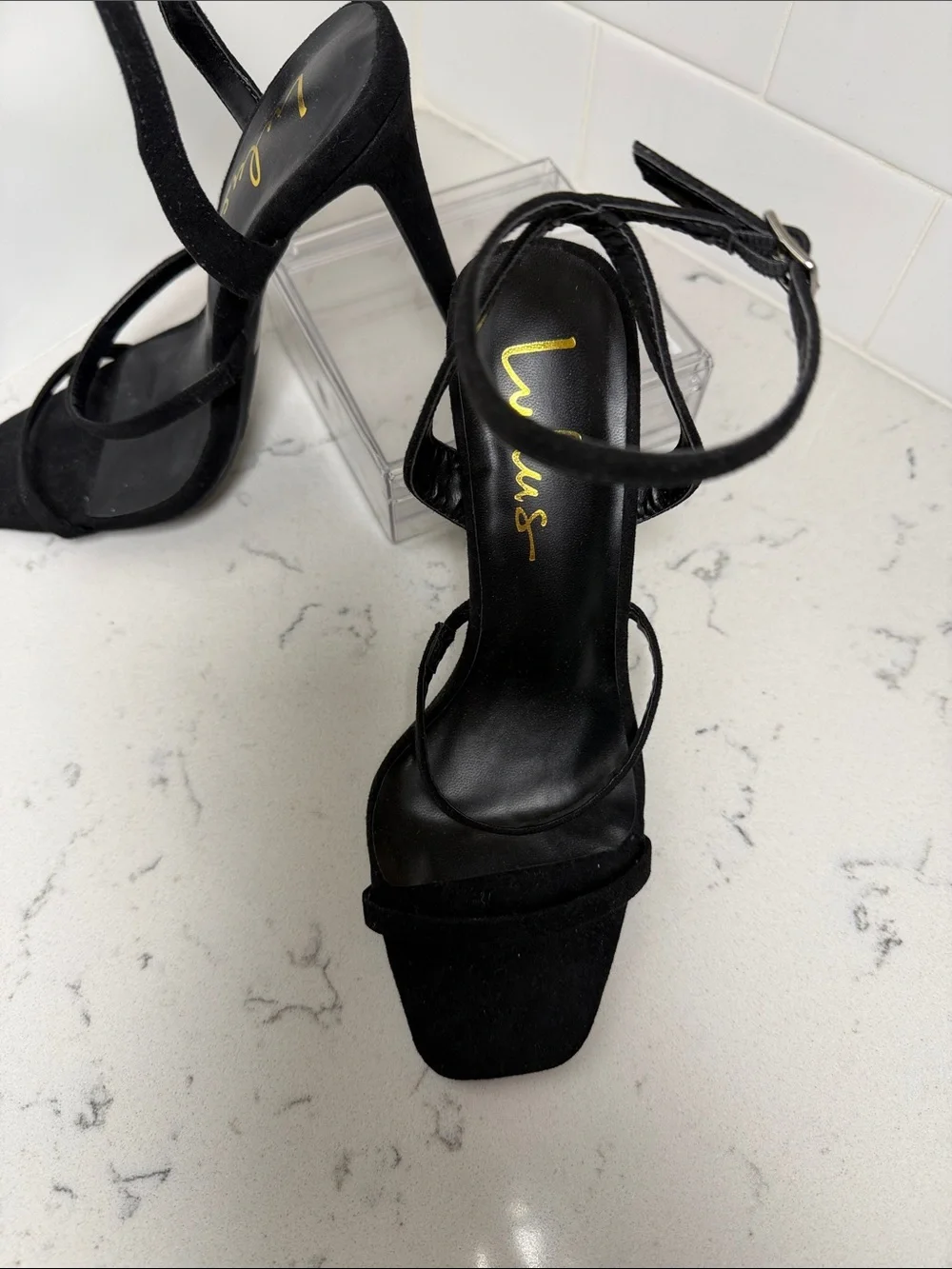 Lulu's Black Suede Strappy Ankle‑Tie High Heels